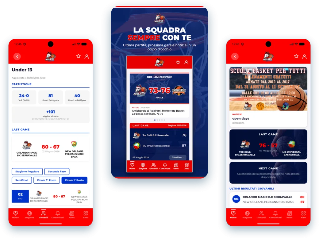 Schermate dell'app del Basket Club Serravalle