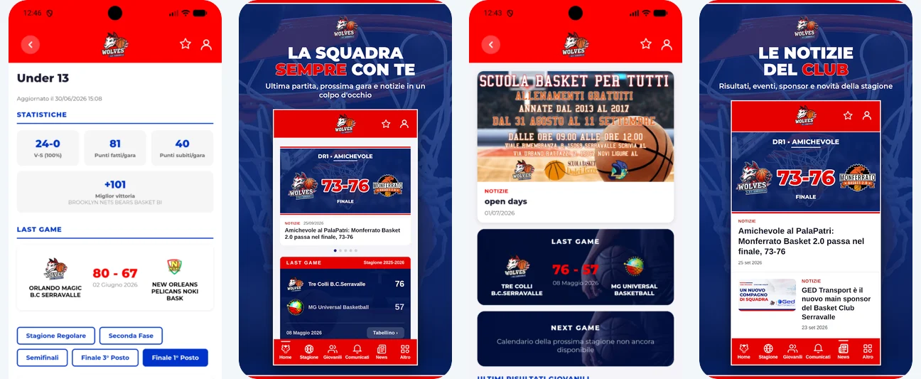 Schermate dell'app del Basket Club Serravalle