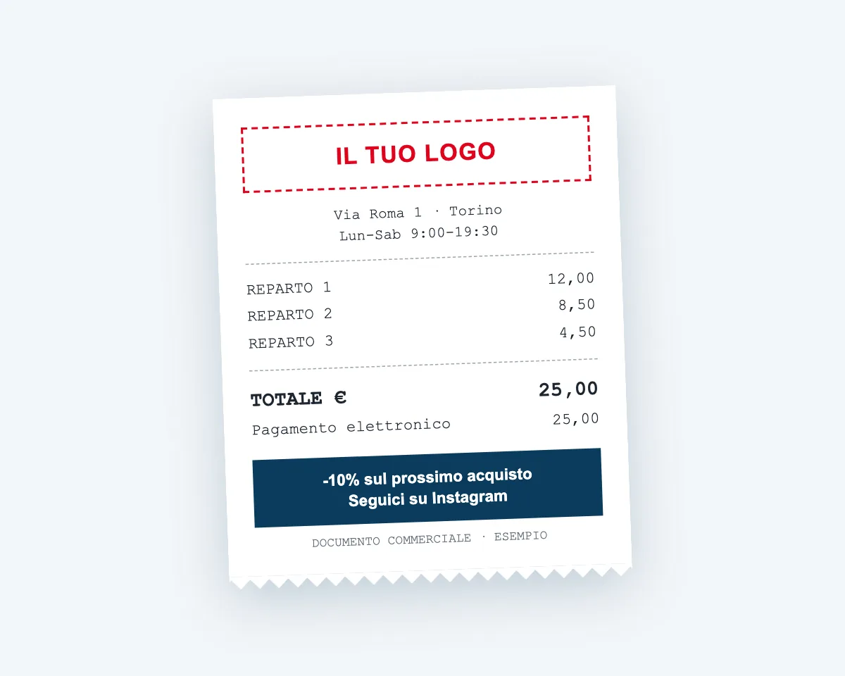 Esempio di scontrino con il logo del negozio in testa e un messaggio promozionale in fondo