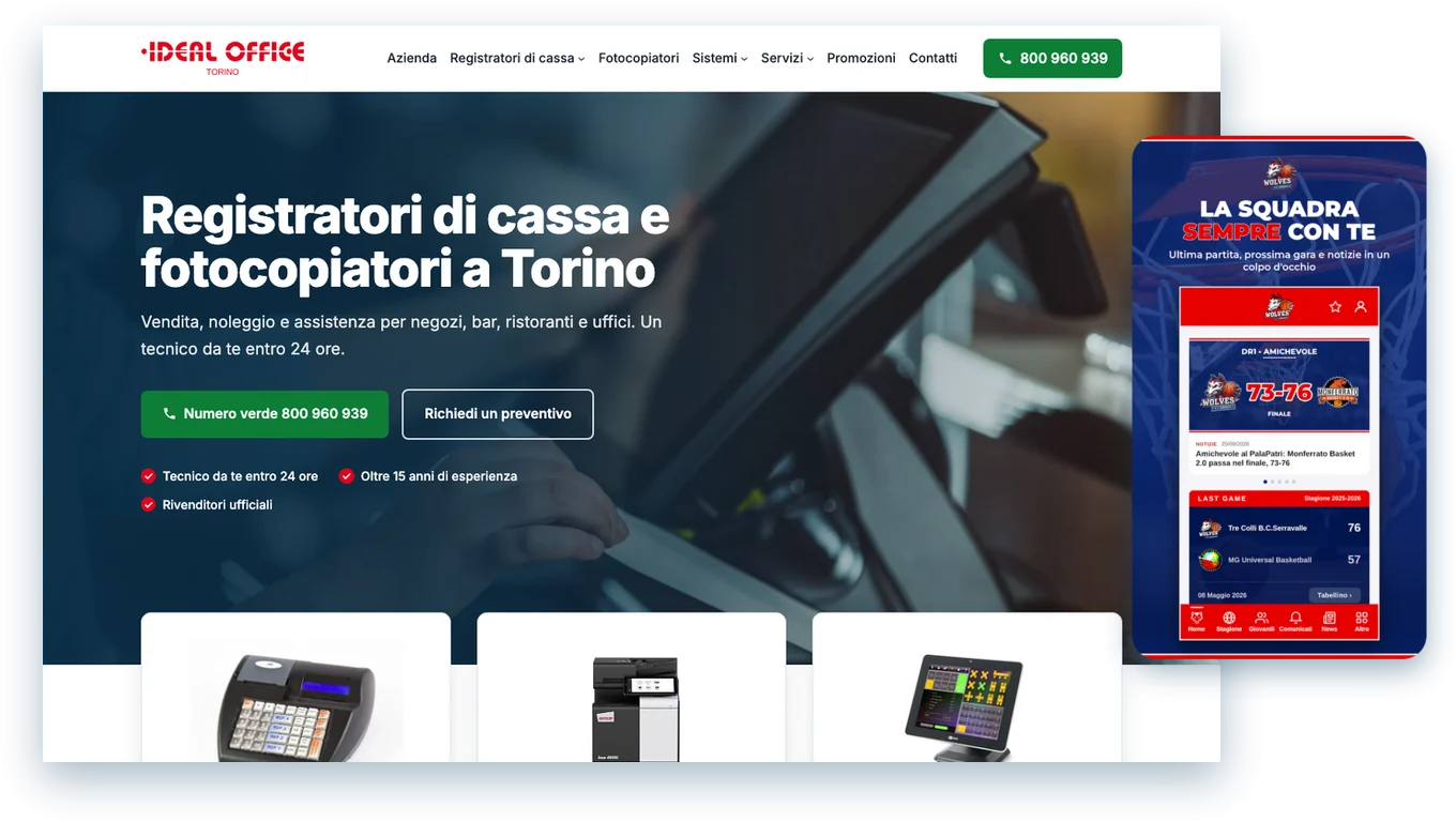 Il sito di Ideal Office su computer e l'app del Basket Club Serravalle su telefono