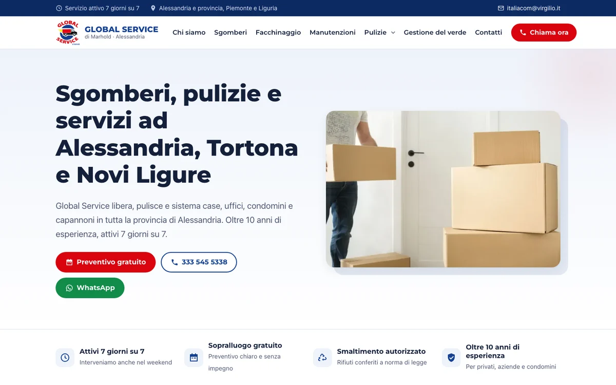 Home page del sito di Global Service, sgomberi e pulizie ad Alessandria